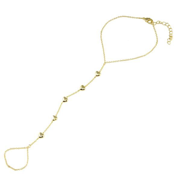 Puff Heart Hand chain Adjustable Bracelet with Ring in Gold tone - Picture 1 of 2
